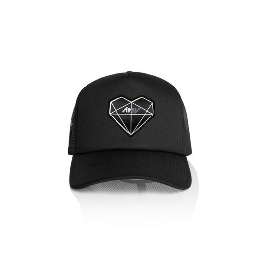“Prism Heart” Patched Frame Foam Trucker (Black)