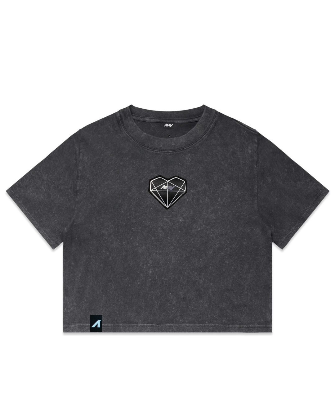 Wo's "Prism Heart" Patched Stone Wash Heavy Crop (Black)