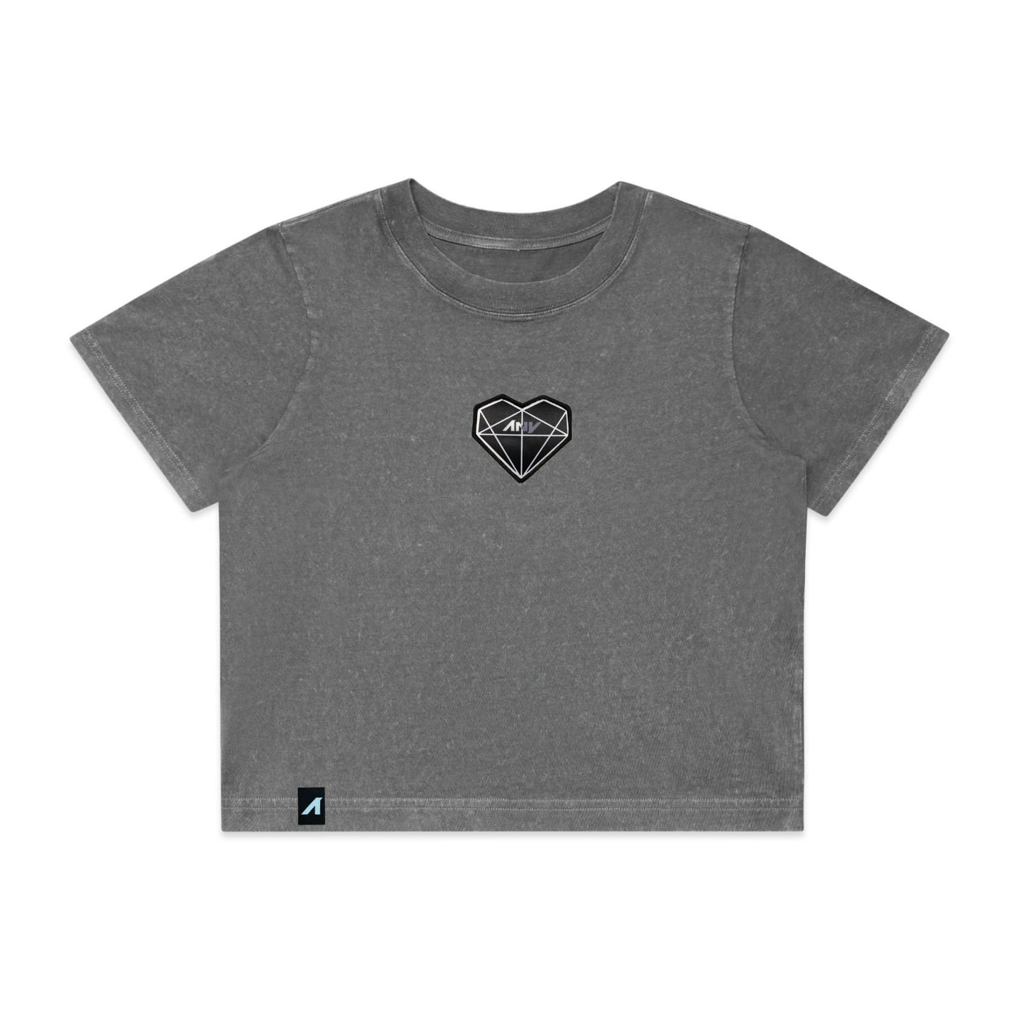 Wo's "Prism Heart" Patched Stone Wash Heavy Crop (Gray)