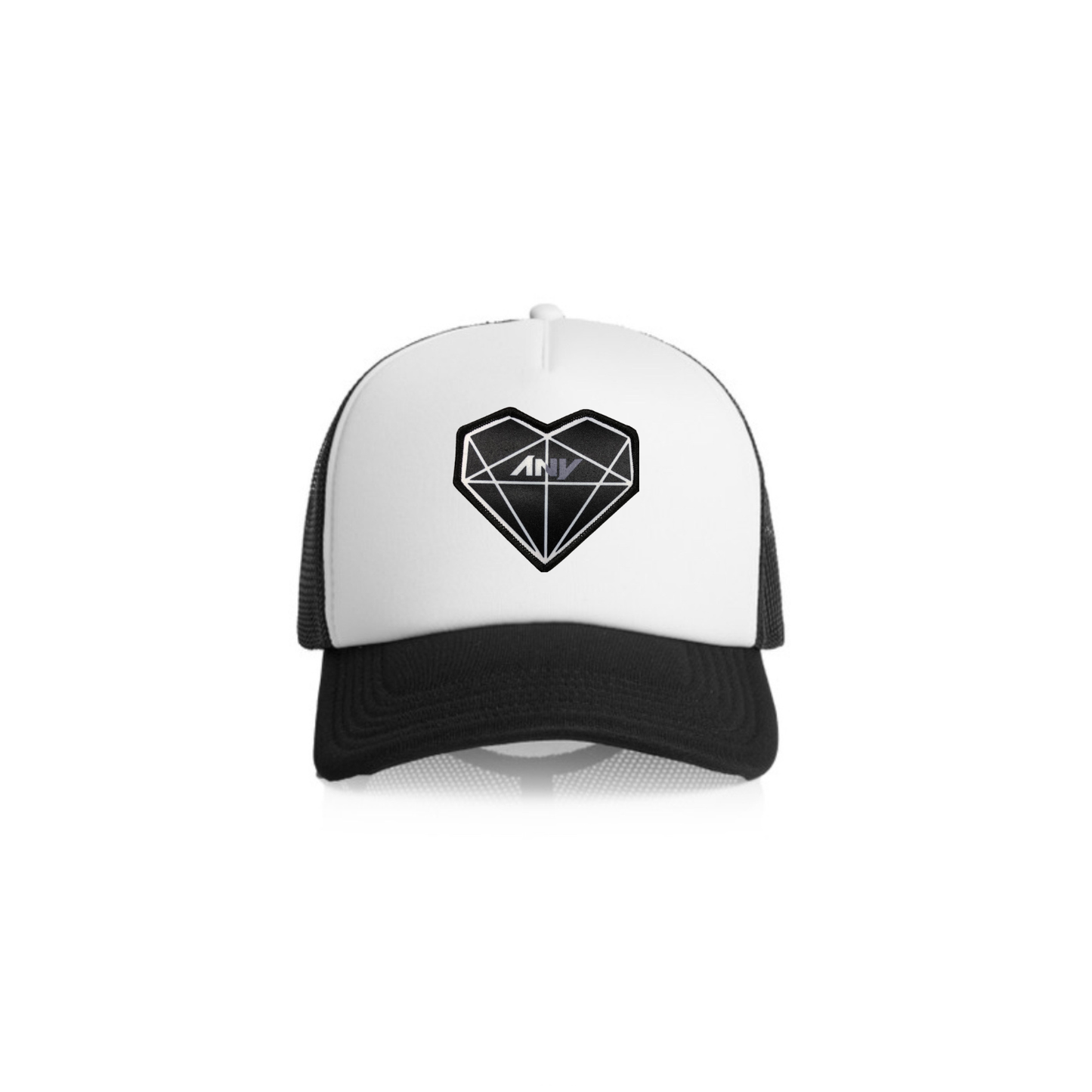 “Prism Heart” Patched Frame 2-Tone Trucker (Black/White)