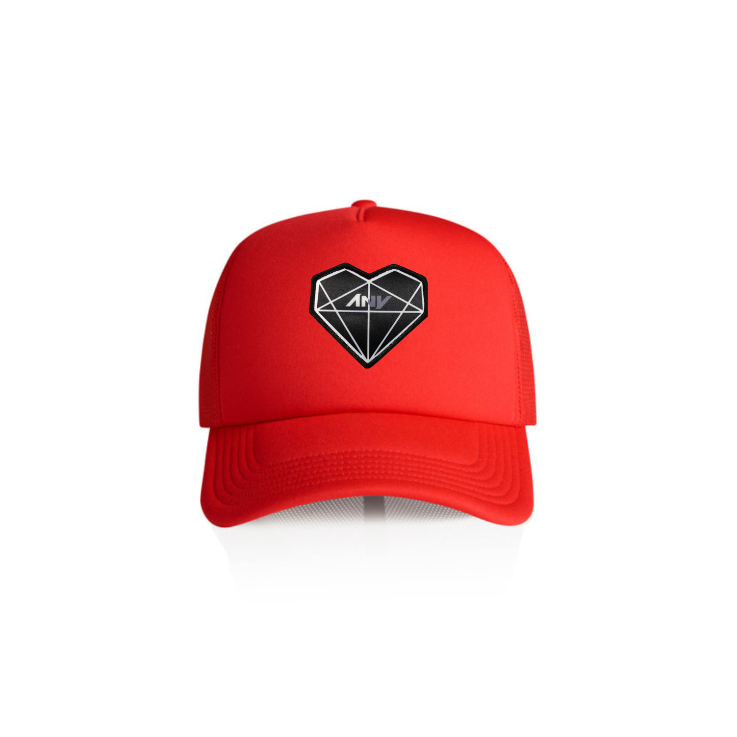 “Prism Heart” Patched Frame Foam Trucker (Fire Red)