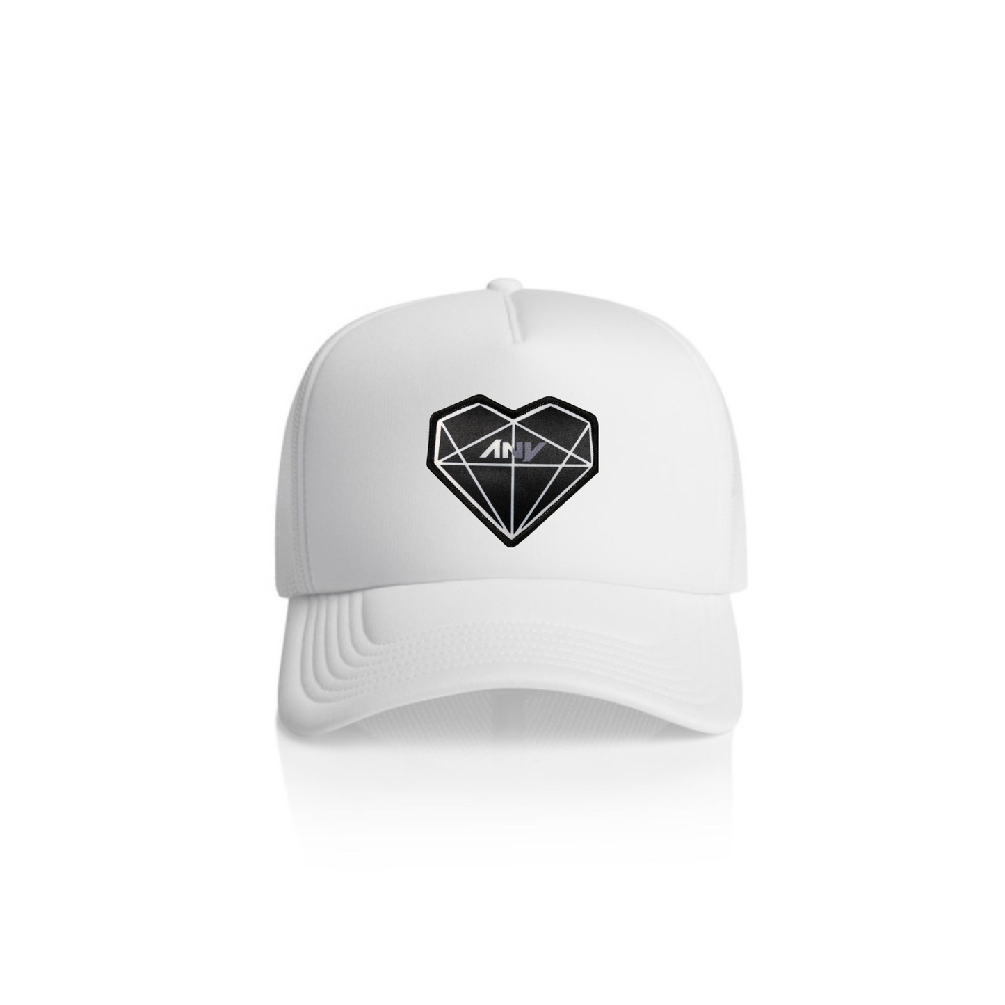 “Prism Heart” Patched Frame Foam Trucker (White)