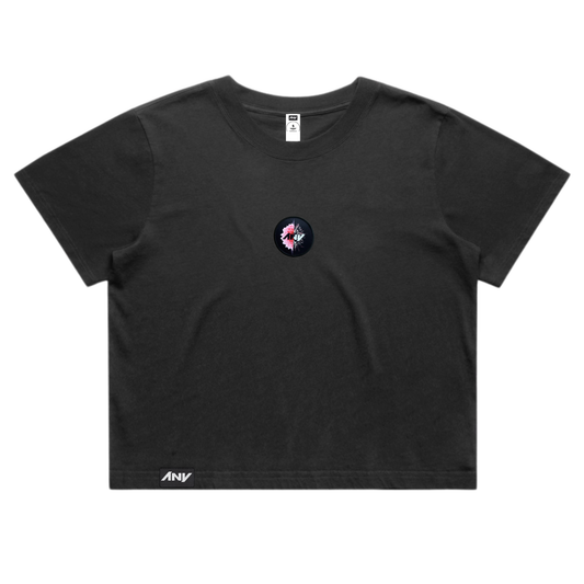 Wo's "Beauty & Brokenness" Patched Heavy Faded Crop Tee (Black)