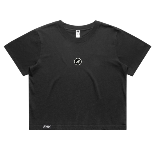 Wo's "A is for ANY" Patched Heavy Faded Crop Tee (Black)