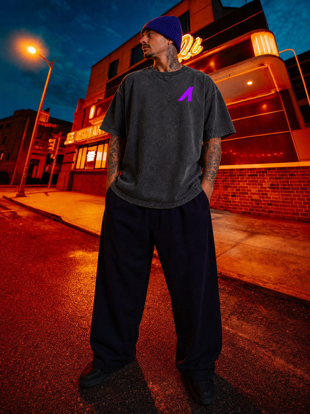 “Spectrum” Heavy Faded Stone Wash Tee (Black/Purple)