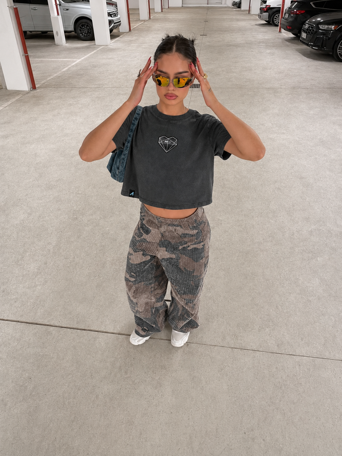 Wo's "Prism Heart" Patched Stone Wash Heavy Crop (Black)