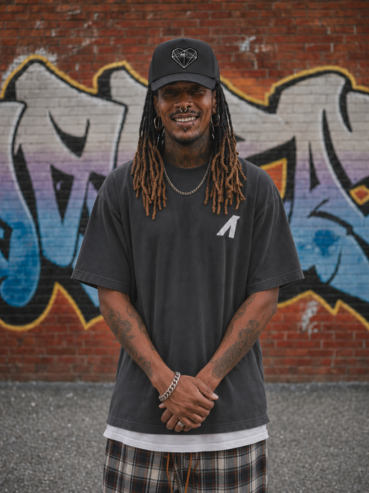 “Prism Heart” Patched Frame Foam Trucker (Black)