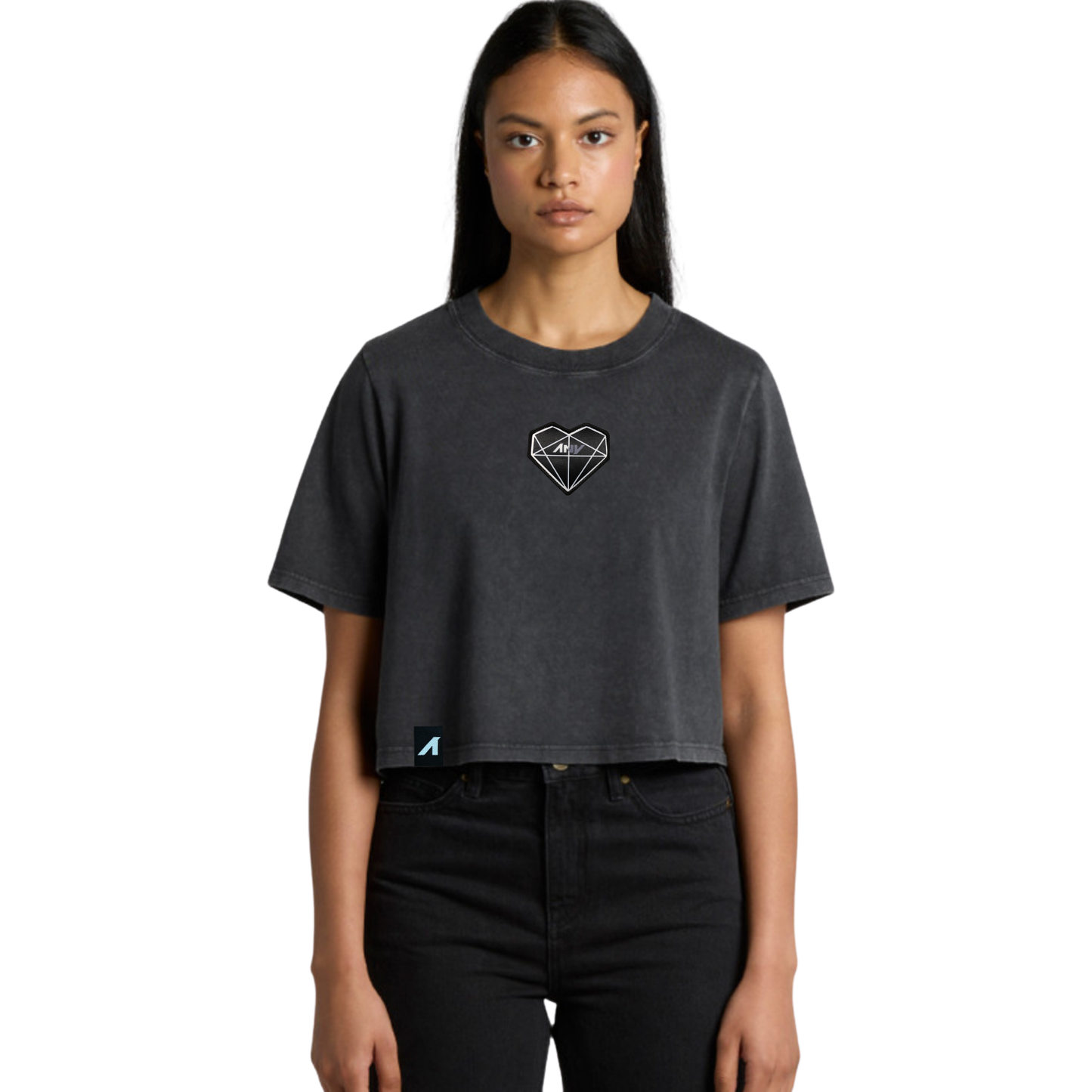Wo's "Prism Heart" Patched Stone Wash Heavy Crop (Black)