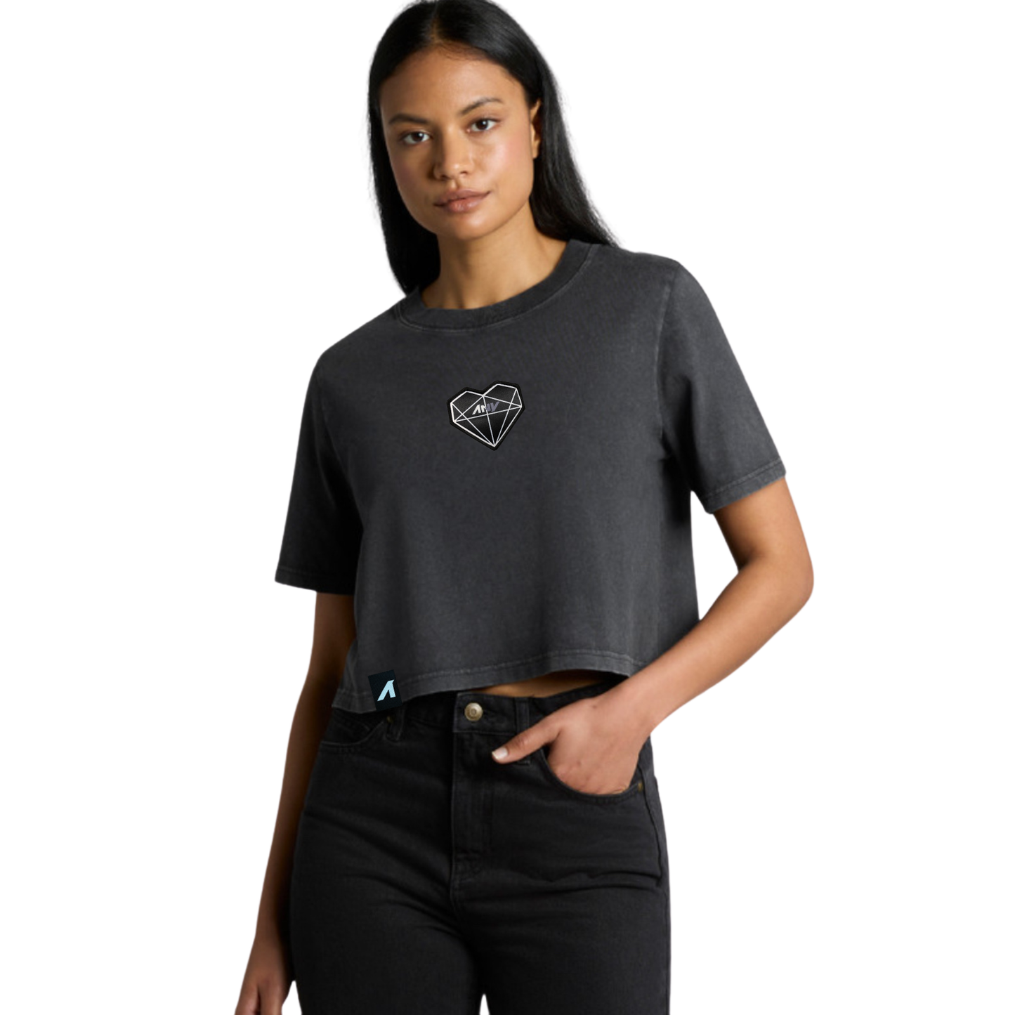 Wo's "Prism Heart" Patched Stone Wash Heavy Crop (Black)